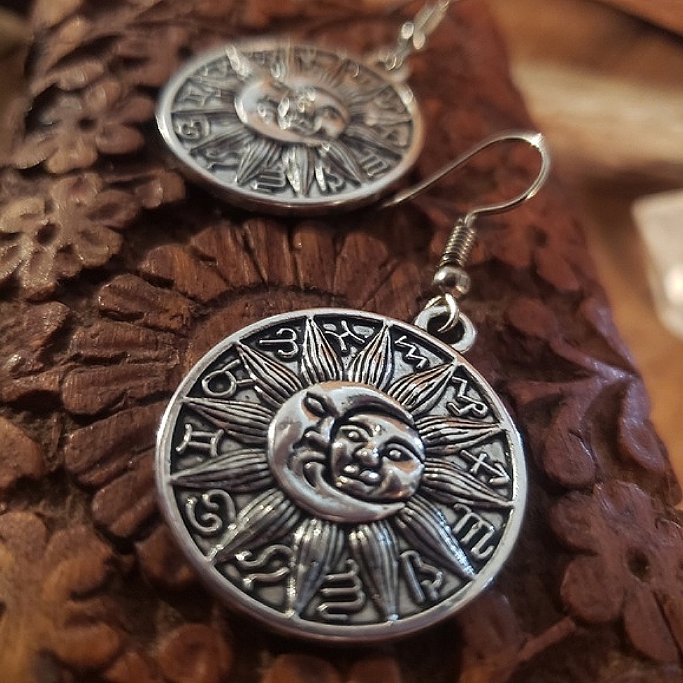 All 12 Birth Sign Pagan Sun Moon Zodiac Wheel Earrings Witchy Jewelry Gift Idea 16$